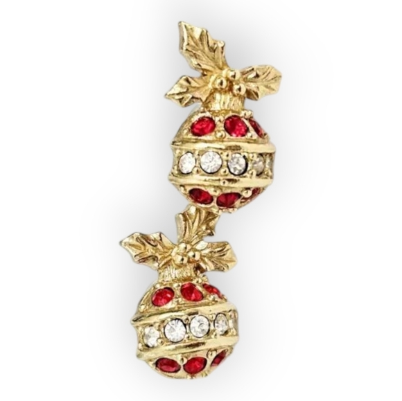 CHRISTMAS Red Rhinestone Gold Sparkling Ornament Earrings Vintage Retro - Picture 1 of 9